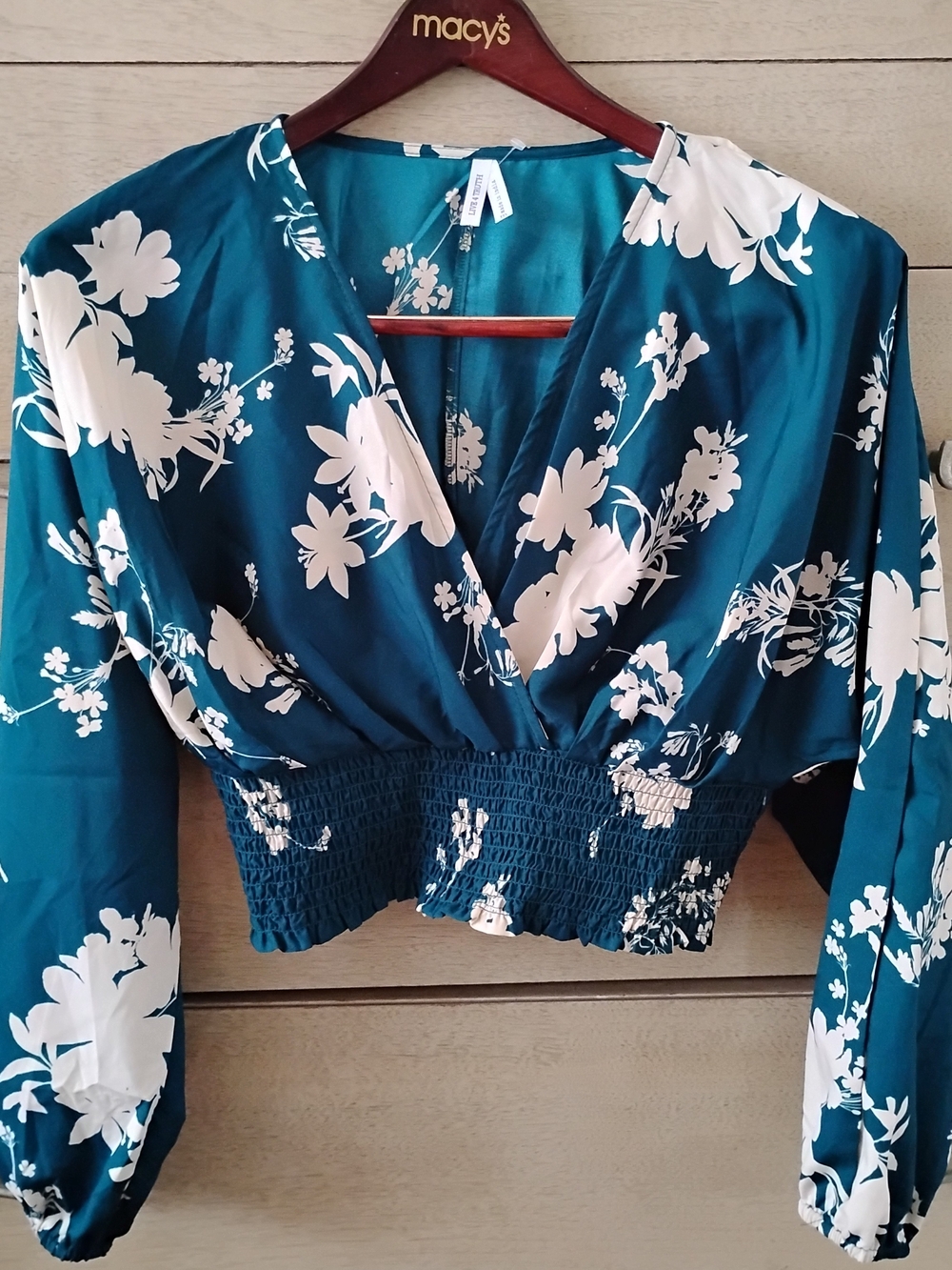 Macy's Teal and White Floral Wrap Smocked-Waist Blouse